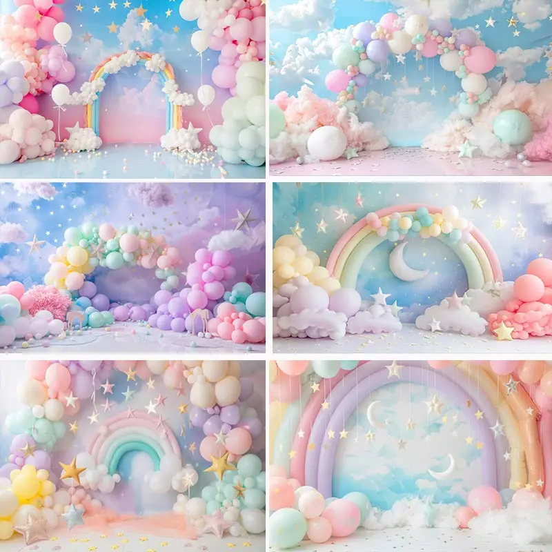 

Rainbow Balloons Backdrops Children Kids Photography Cake Smash Moon Cloud Stars Sky Background Photo Shoot Studio