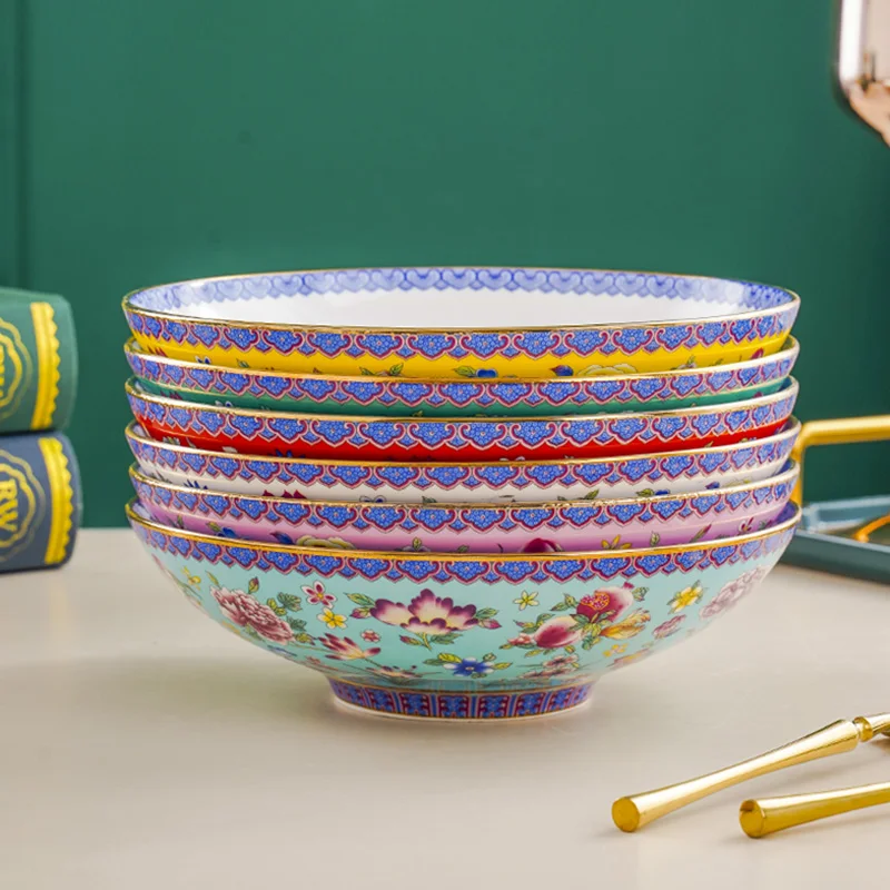 

Посуда керамическая высококлассная эмалированная большая миска Суповая тарелка Бытовая в китайском королевском стиле с принтом растений цветная круглая 8 дюймов