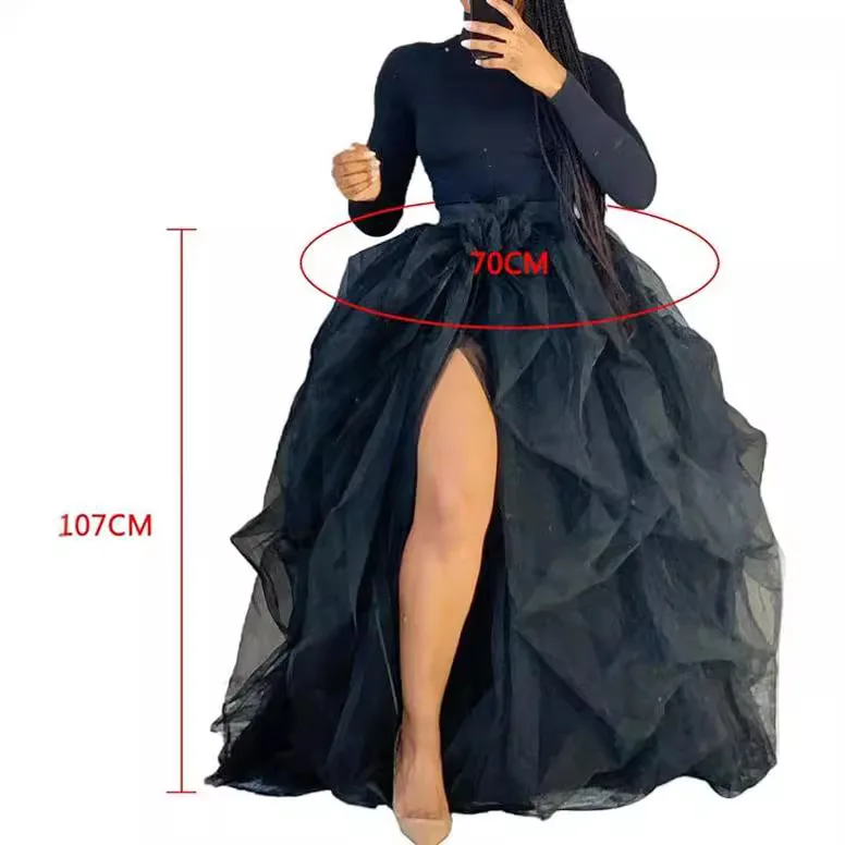 

High Low Mesh Net Costume Party Prom Pleated Dress Long Gothic Hi-Lo Tulle Tutu Punk Layered Ruffles Tiered Skirt Women