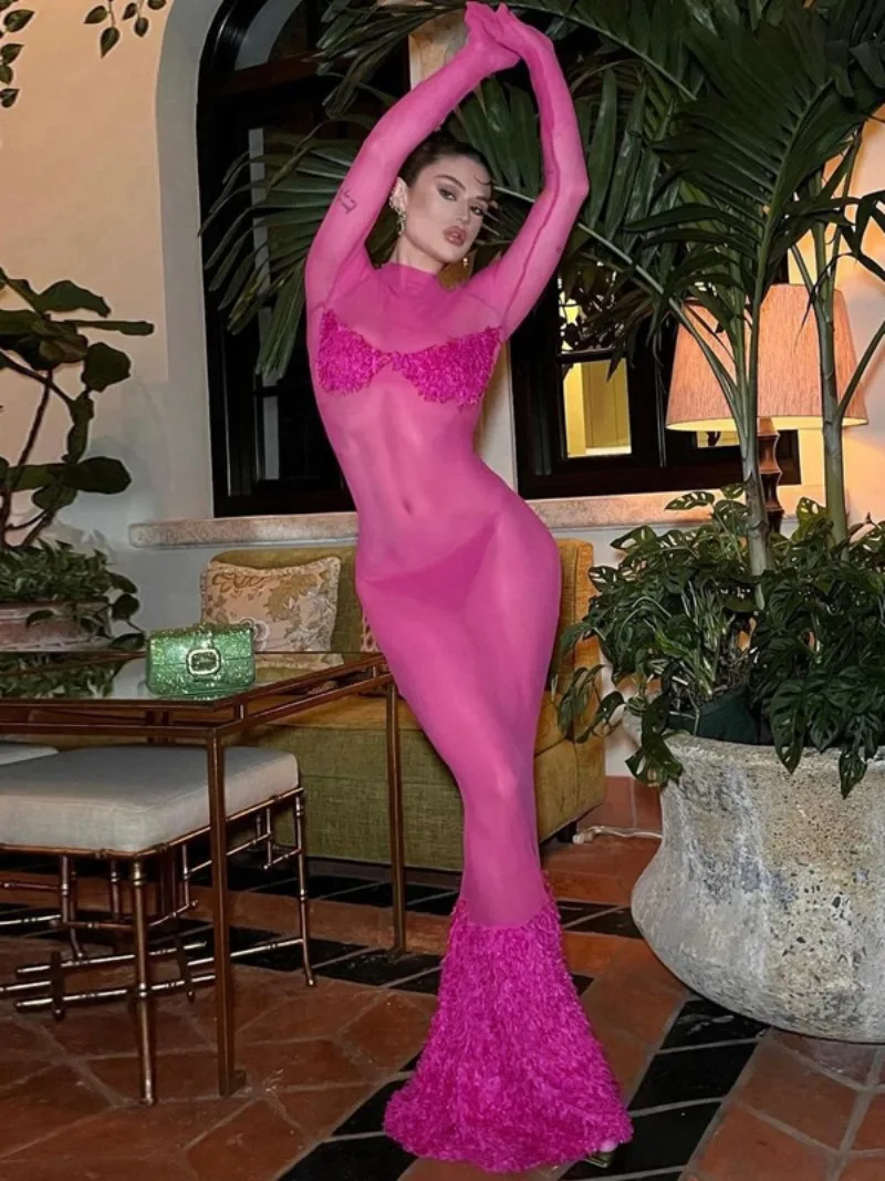 Женские сексуальные перчатки с длинным рукавом, прозрачное Сетчатое длинное платье розово-красного цвета, шикарные облегающие вечерние платья с круглым вырезом и вырезами, 2024
Женские сексуальные перчатки с длинным рукавом, прозрачное Сетчатое длинное платье розово-красного цвета, шикарные облегающие вечерние платья с круглым вырезом и вырезами, 2024