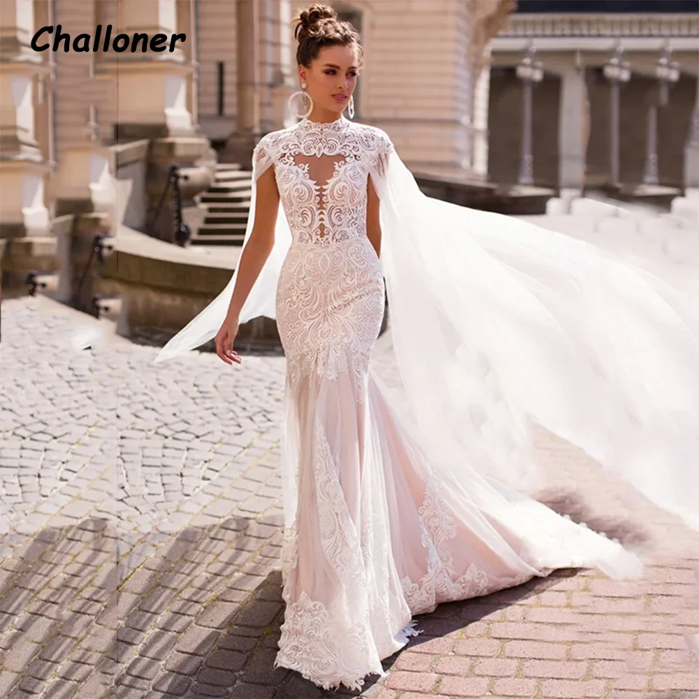 

Challoner Elegant Mermaid Wedding Dress O-Neck Cap Sleeves Applique Button Back Illusion Bridal Gown Vestidos De Novia Cloak