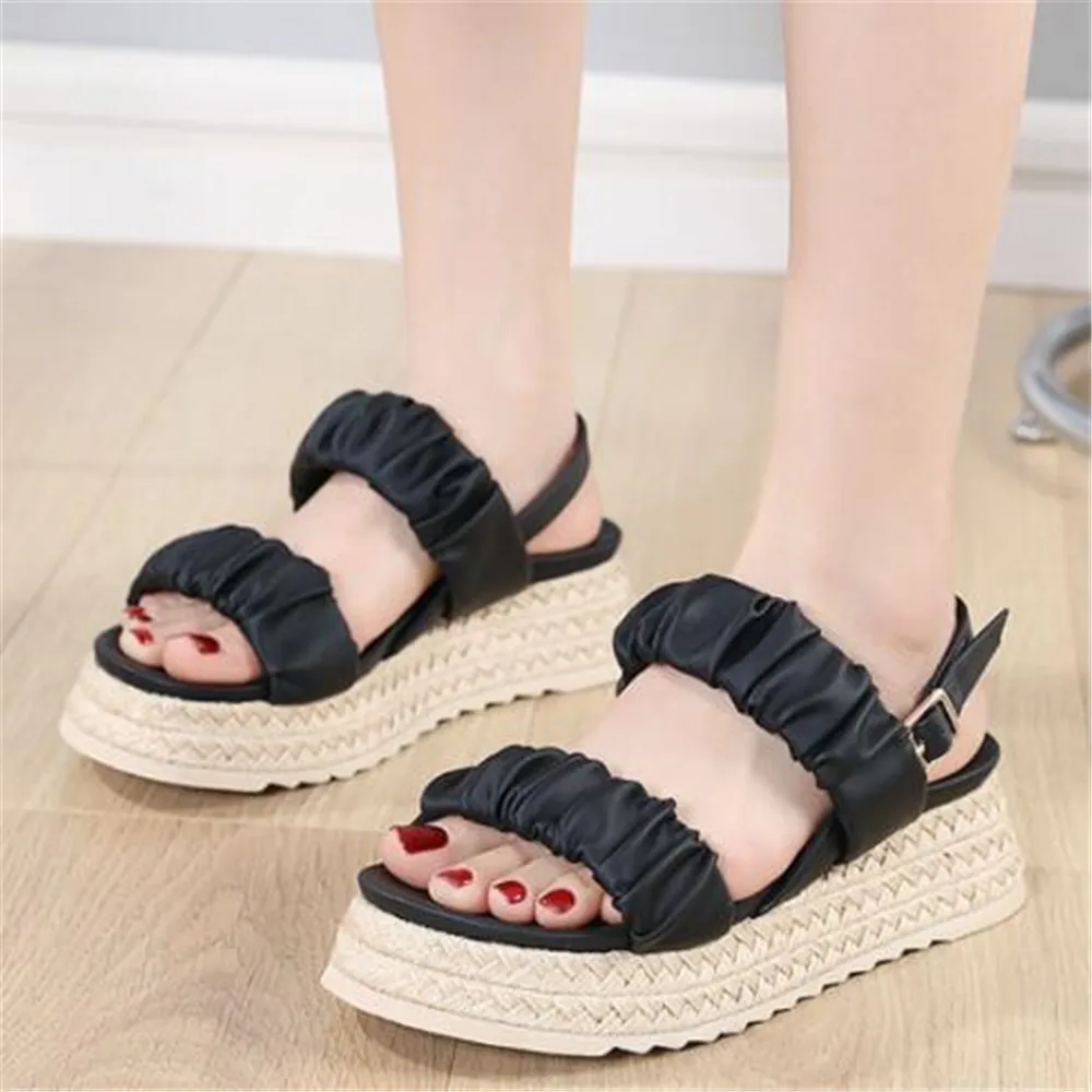 

Women Wedge Beach Sandals Casual High Heels 2024 Summer Fashion Buckle Straw Hemp Rope Shoes Apricot Gray Black Zapatillas Mujer