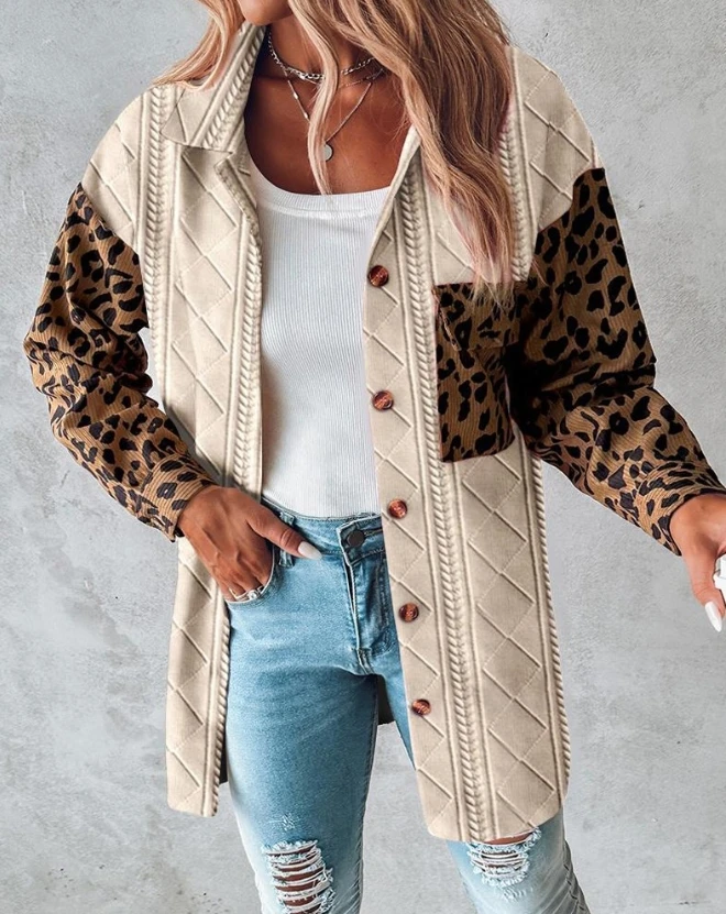 

Women's Jacket 2023 Autumn Fashion Colorblock Leopard Print Wheat Textured Casual Turn-Down Collar Long Sleeve Pocket Shacket