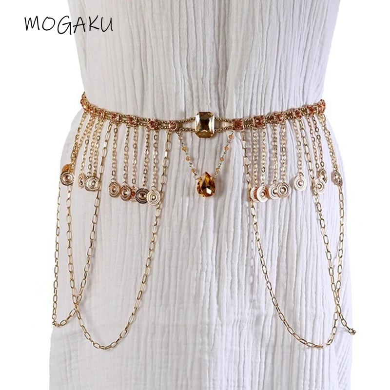 

MOGAKU Coin Tassel Women Body Chain Bohemian Ethnic Charms Belly Chains Feminina Charms Crystal Belly Dance Jewelry Accessories
