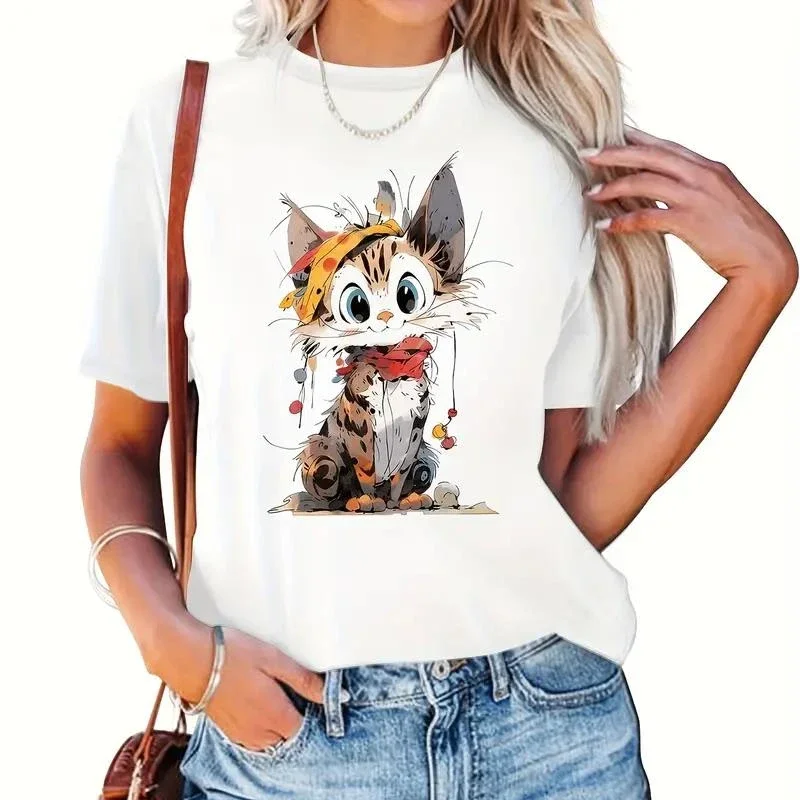 

Летняя свободная футболка Y2k с коротким рукавом, хлопковая Футболка с принтом мультяшного кота, повседневный топ с круглым вырезом для весны и лета, женская одежда