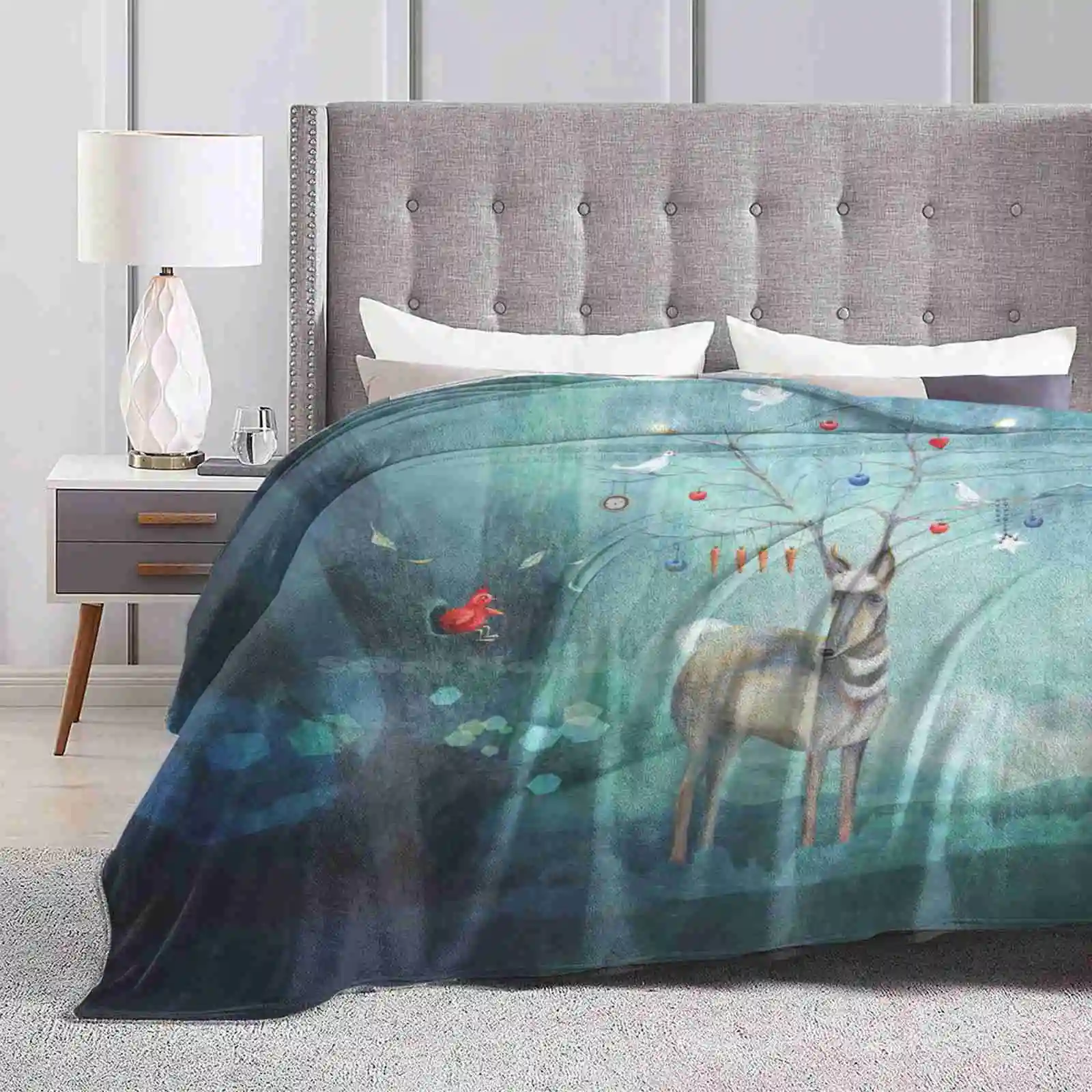 

Where Will You Go  Four Seasons Comfortable Warm Soft Throw Blanket Animal Birds Antlers Forest Blue Doves Whimsical Deer Star