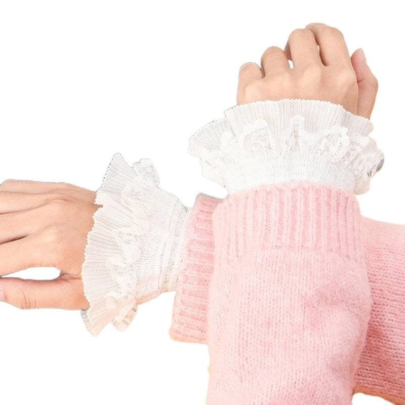 

Y166 Woman Camping Shopping Fake Sleeves Ruffled Wrist Cuffs Sweater Wrist Decors