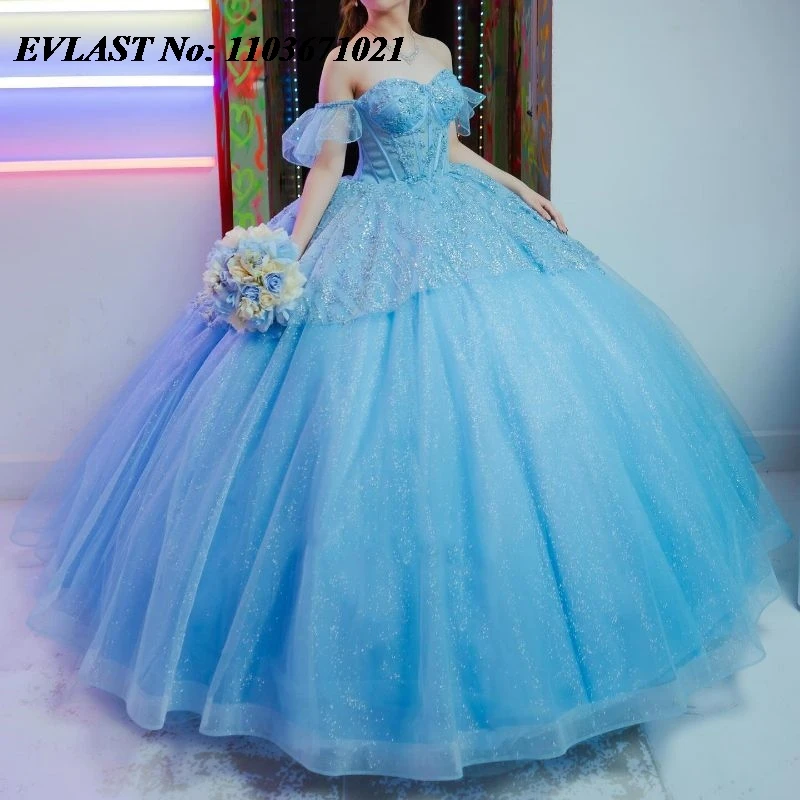 

EVLAST Mexican Blue Quinceanera Dress Ball Gown Shiny Lace Applique Beading Tiered Corset Sweet 16 Vestidos De XV 15 Anos SQ135