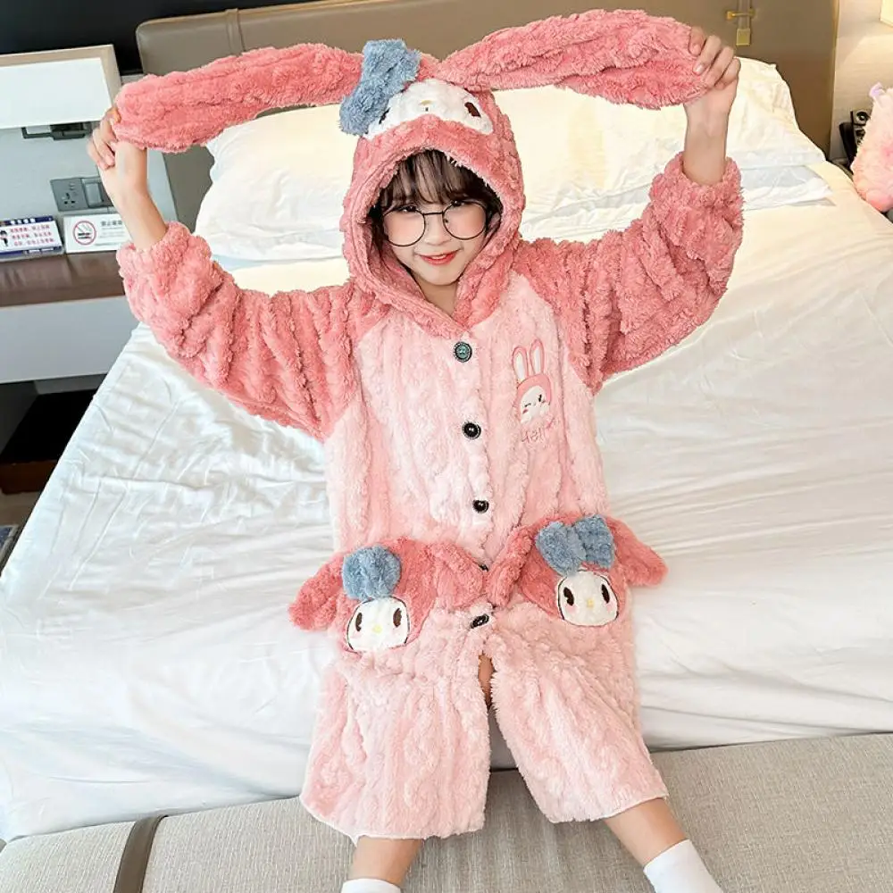 

Sanrio My Melody Cinnamoroll Kuromi Girls Boys Flannel Nightgown Anime Thickened Pajamas Children's Autumn Winter Homewear Gift