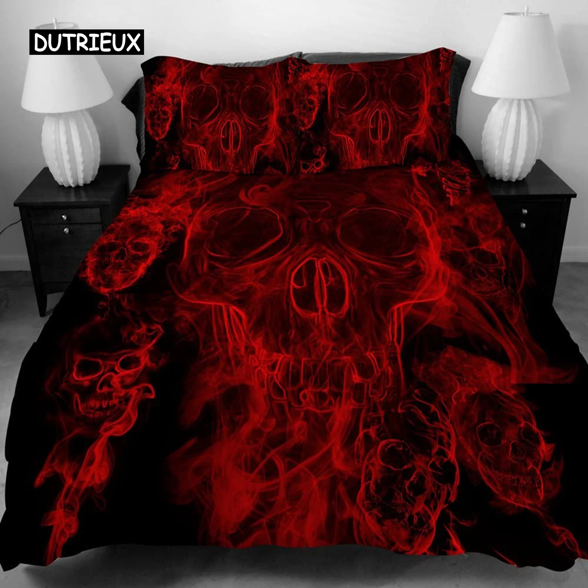 

3 PCS Duvet Cover Set with Zipper Closure,Black Red Skull Pattern Printed,Queen Size Bedding Set Comforter Protector Pillowcases