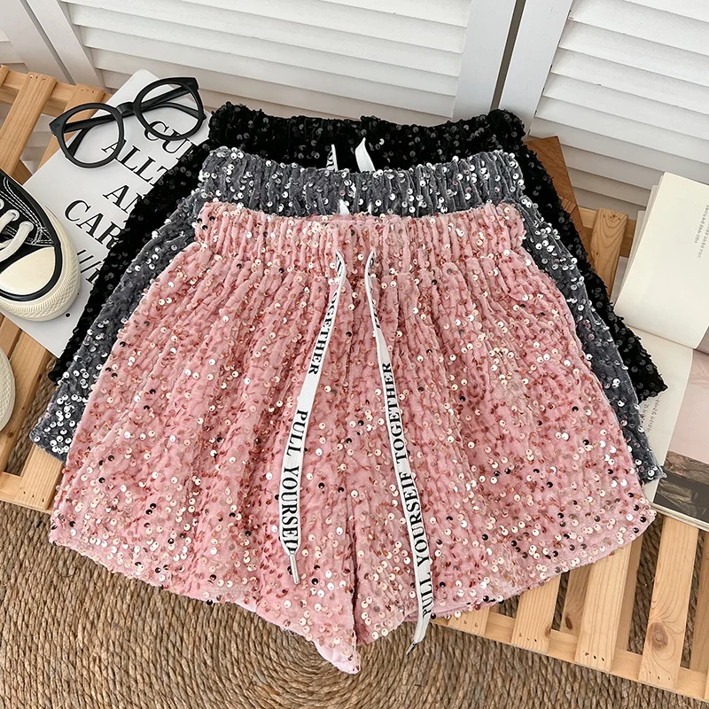 

Women Sequins Shorts Letter Drawstring Spliced Almighty Sexy Glitter Sequins Spliced Elastic Waist Femme Short Party Pants