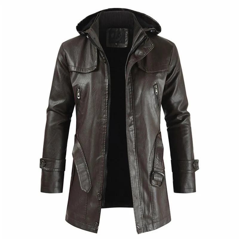 

Wepbel Plus Size PU Leather Trench Coat Men's Coat Y2K Men's Mid-Length Leather Coat Youth Hooded Handsome Locomotive Outwear