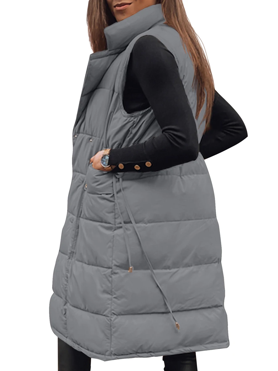 

Женский Длинный пуховой жилет большого размера, однотонная теплая куртка без рукавов, стеганая верхняя одежда, легкий пуховик, жилет