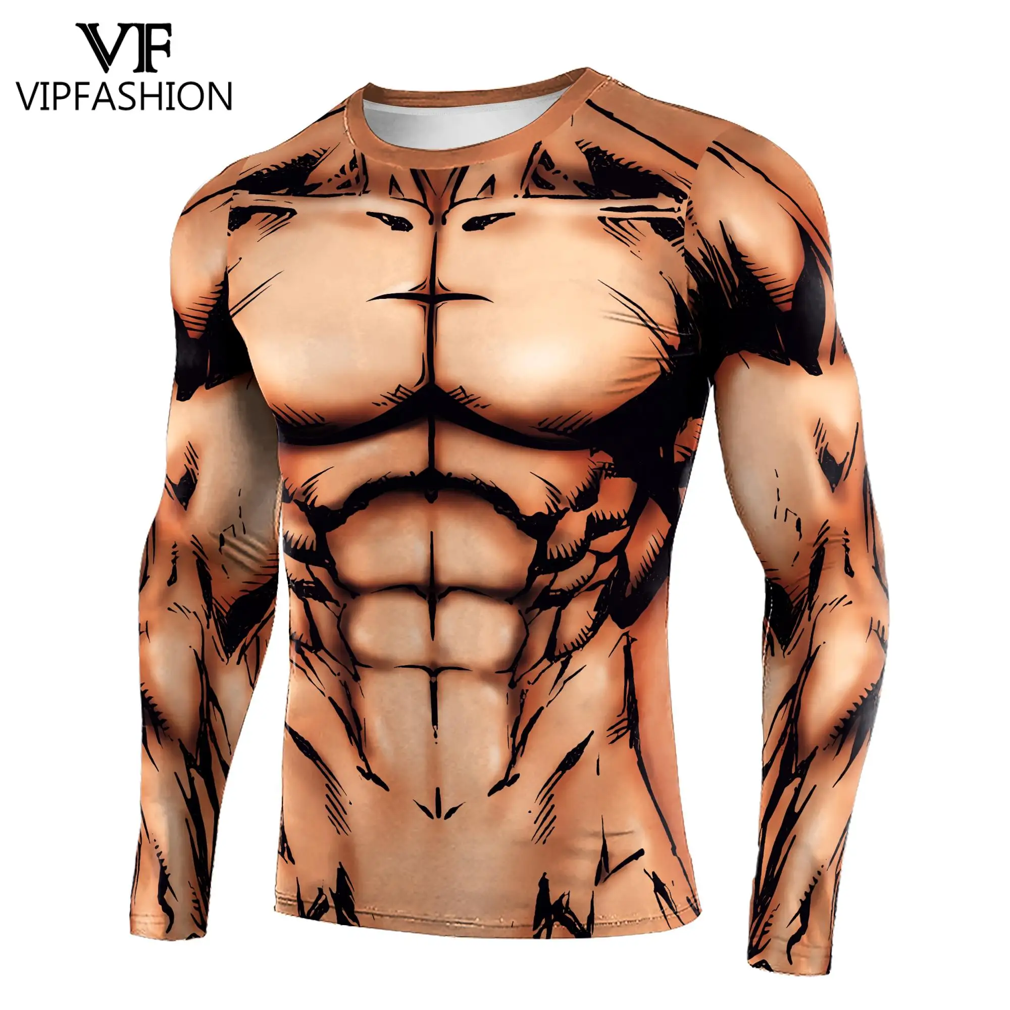 

VIP FASHION Long Sleeve Shirt Quick Drying Bodybuilding Workout Top Compression Running T-shirt Men Muscle Print Tee Clothing