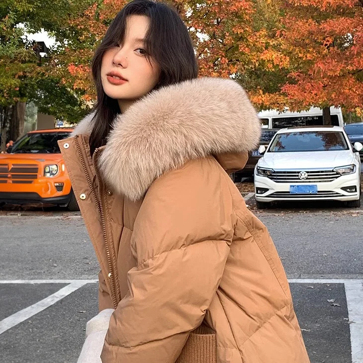 

Winter Faux Fur Collar Long Hooded Parka Women Loose Warm Down Jackets Korean Fashion Snow Wear Quilted Overcoats R468