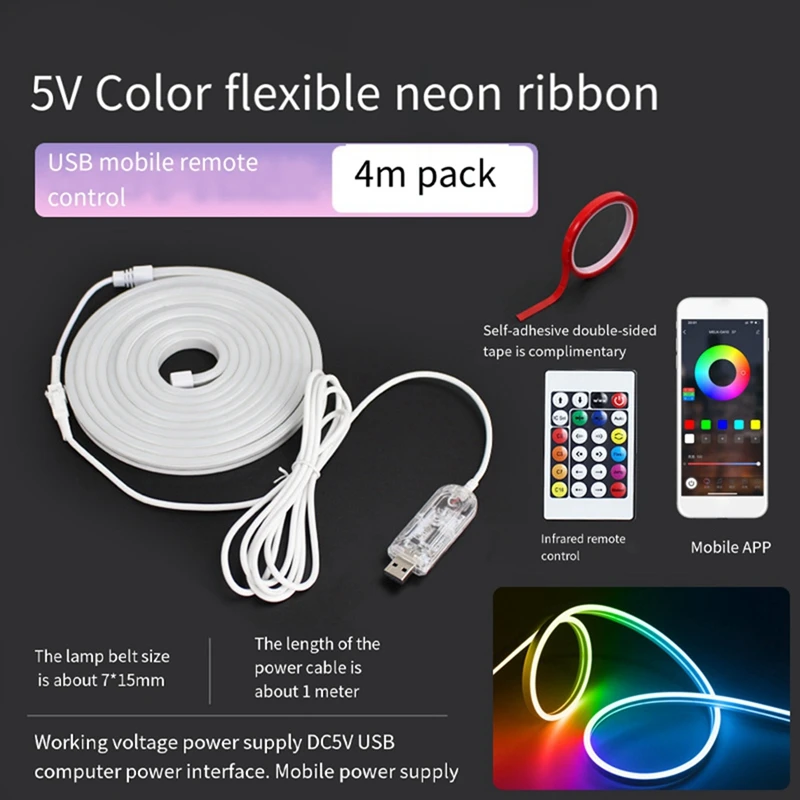 

3 Meters LED Strip Light RGB 5V USB Waterproof Neon Light With Music Sync Can Be Controlled By Remote Control And App
