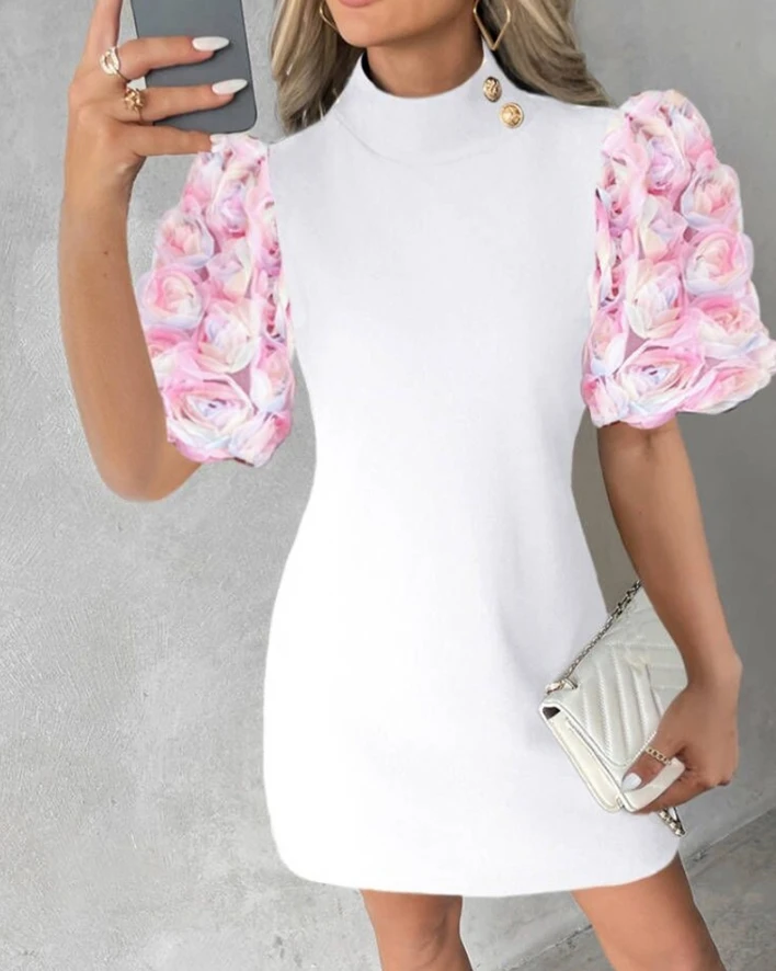 

Casual Dresses for Women 2024 Spring Summer New Colorblock Floral Pattern Puff Short Sleeve Mock Neck Button Mini Elegant Dress