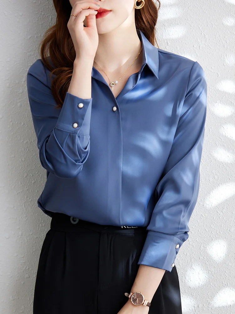 

Solid women shirt sapphire long sleeve satin draped elegant office lady secret placket work formal top blouses cardigan 2022