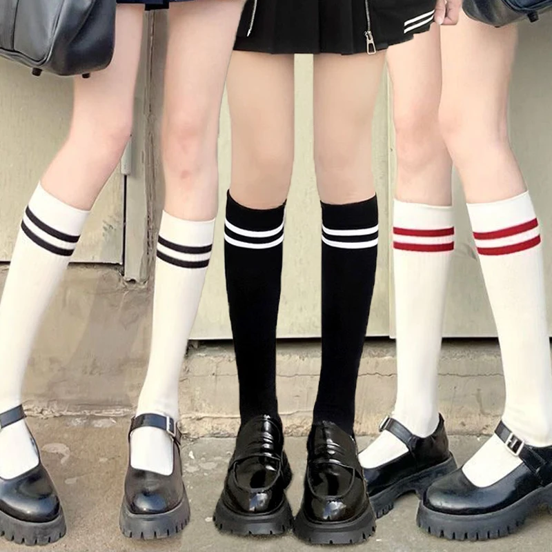 

1/3pairs Black White Striped Long Socks Women Girls Cotton Mid Tube Stockings Students Japanese JK Calf High Sock Hosiery