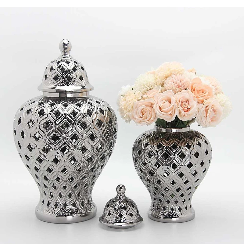 

Modern Dried Flower Vase Ceramic Ginger Jar Silver Hollow General Jar Living Room Storage Jar Home Decoration Flower Arrangement