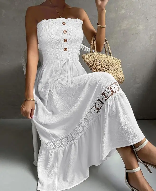 

Women's Dresses Summer Fashion Bandeau Shirred Lace Patch Frill Hem Casual Plain Sleeveless Daily Vacation Maxi A Line Dress