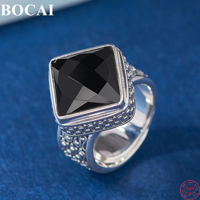 

BOCAI S925 Sterling Silver Charms Rings for Women Men New Fashion Ancient Pattern Tangent Plane Agate Jewelry Free Shipping