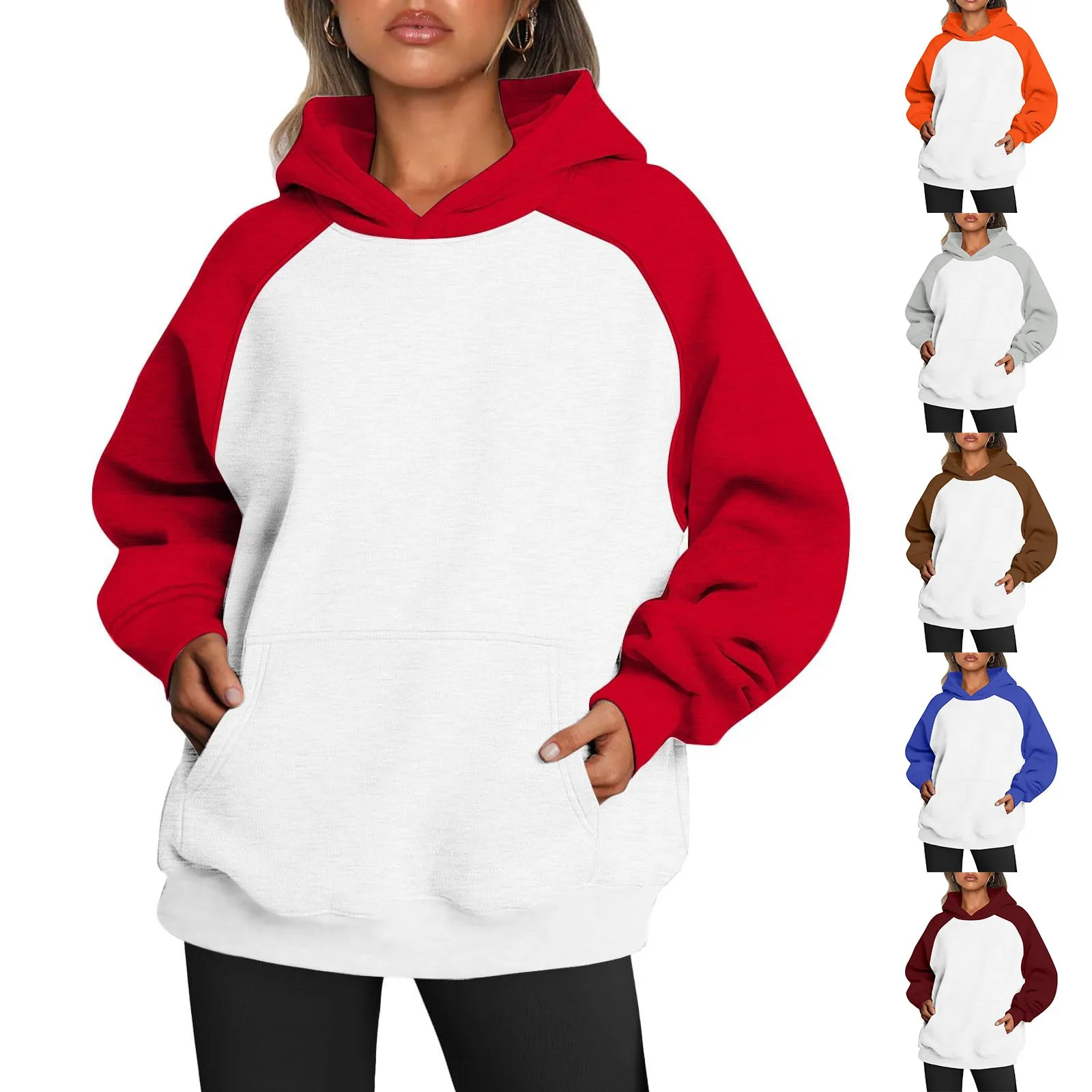 

Oversized Hoodies For Womens Fleece Hooded Pullover Sweatshirt Teen Girls Raglan Sleeve Colorblock Y2K Hoodie Winter Clothes