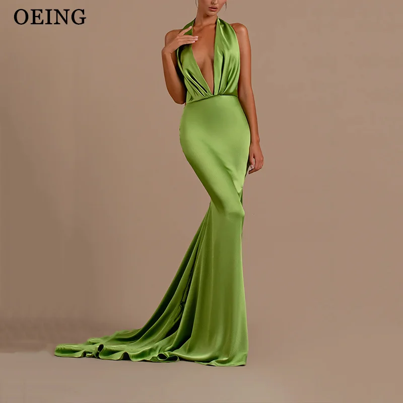 

OEING Green Prom Dresses Sexy Backless Deep V-Neck Suspender Pleated Evening Dress Special Occasion Gown Vestidos De Noche