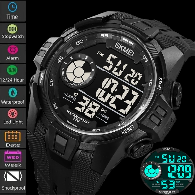 

Skmei Men's Sport Watch Fashion Big Dial 50m Waterproof Led Chronograph Wristwatch Male Digital Alarm Clock reloj hombre