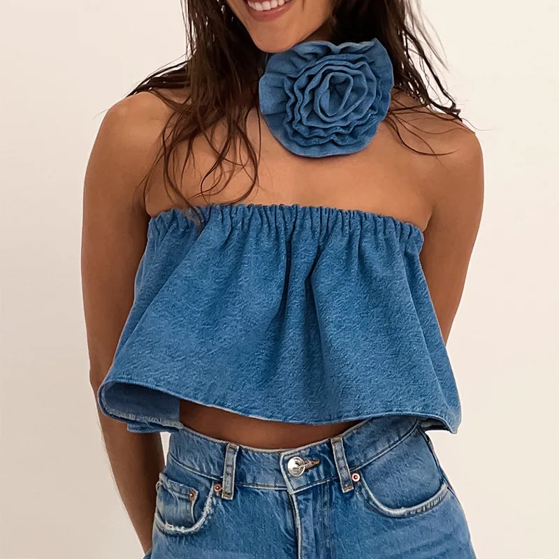 Solid Off Shoulder Halter Flower Denim Crop Tube Top for Women Summer Elegant Loose Elastic Strapless Clothes Casual Streetwear
Solid Off Shoulder Halter Flower Denim Crop Tube Top for Women Summer Elegant Loose Elastic Strapless Clothes Casual Streetwear