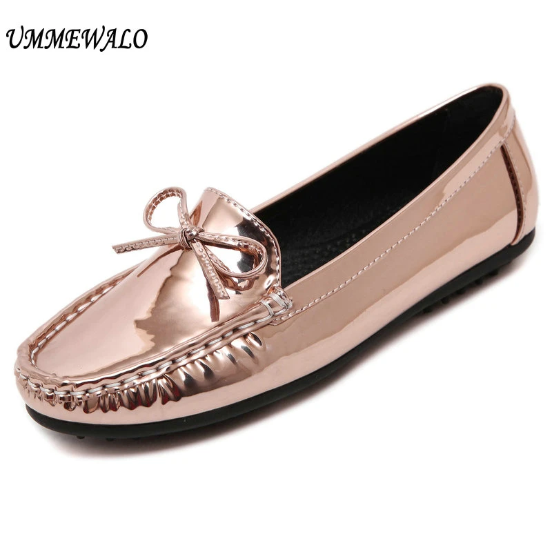 

UMMEWALO Shoes Women Metallic Patent Leather Flat Shoes Casual Bow Loafer Shoes Ladies Rubber Sole Driving Moccasin