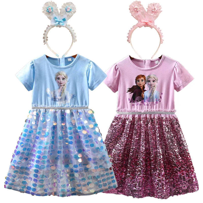 

2024 Summer Girls Frozen Dress Clothes With Headband Kids Elsa Anna Short Sleeve Sequin Princess Party Costume Vestidos Outfits