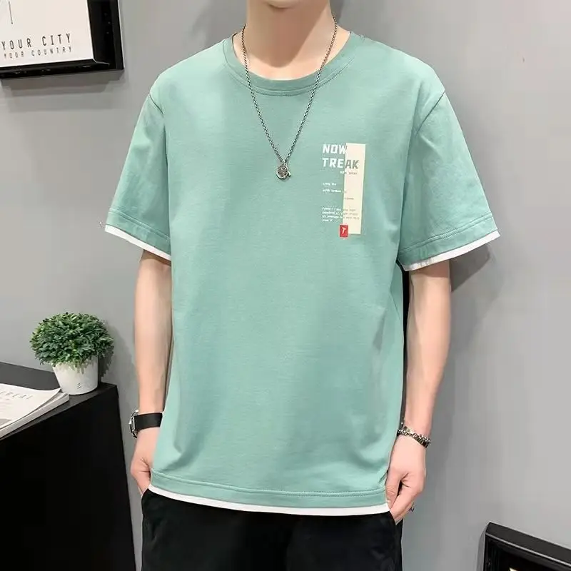 

Summer New Round Neck Short Sleeve Casual Korean Version Men's Clothing Loose Trend Printed Solid Color All-match Youth T-shirt