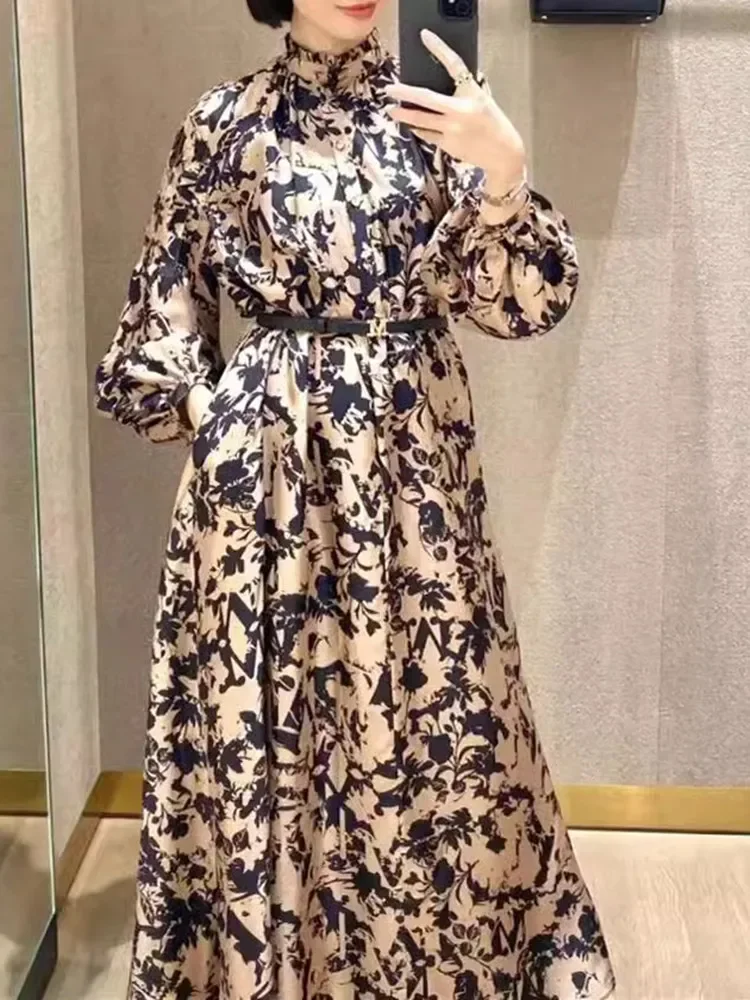 

Midi Dress for Ladies 2024 New 100% Silk Print Stand Collar Casual Lantern Sleeve Slit Robe with Sashes