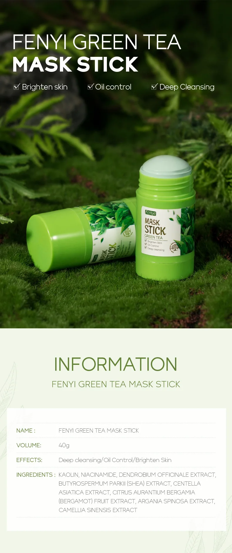 LAIKOU Cleansing Green Stick Green Tea Mask Stick Mask Purifying Clay Stick Mask Solid Mask Oil Control Anti-acne Whitening 40g 1 S03ac0982c7ca48c48c195f6068251dder
