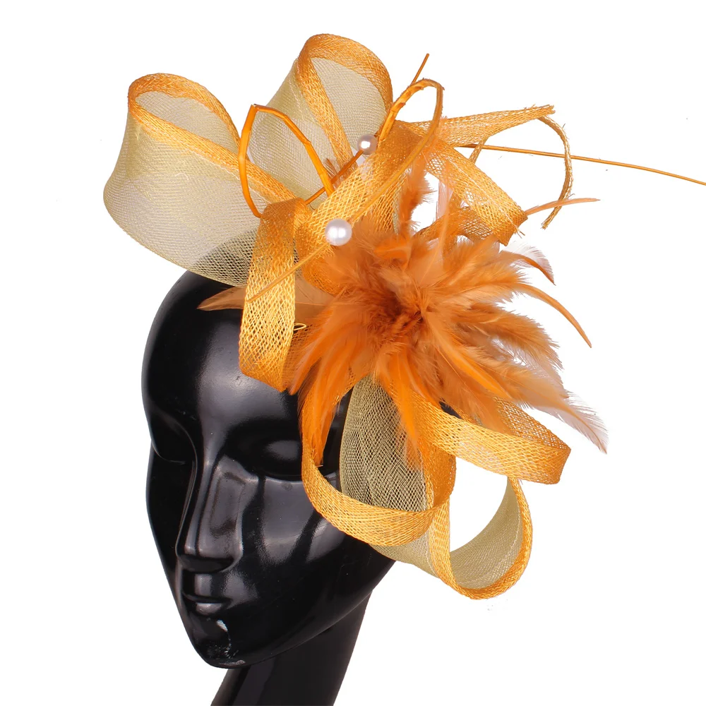 

Gold Fascinators Flower Headband With Hair Clip Pillbox Hat Cocktail Tea Party Nice Headwear with Veil and Feather for Women