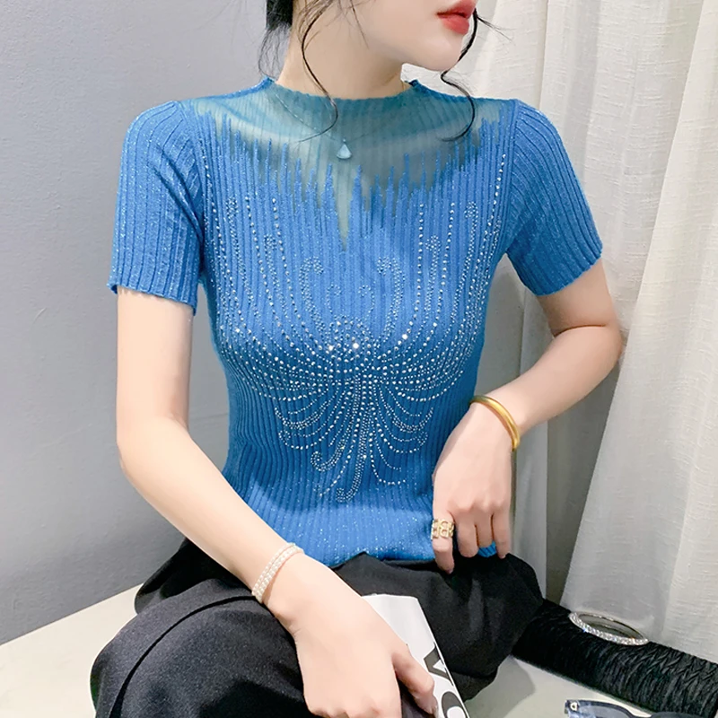 Женский трикотажный топ с коротким рукавом, облегающая Сетчатая футболка в стиле пэчворк, Повседневная летняя рубашка с высоким воротником, 2024 
Женский трикотажный топ с коротким рукавом, облегающая Сетчатая футболка в стиле пэчворк, Повседневная летняя рубашка с высоким воротником, 2024