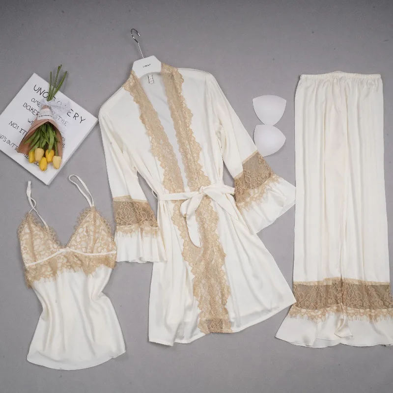 

Женский пижамный комплект в стиле принцессы, Сексуальная кружевная ночная рубашка в стиле пэчворк, 3 шт., пижамы, топ на бретельках и штаны, наряд, домашняя одежда, атласная пижама
