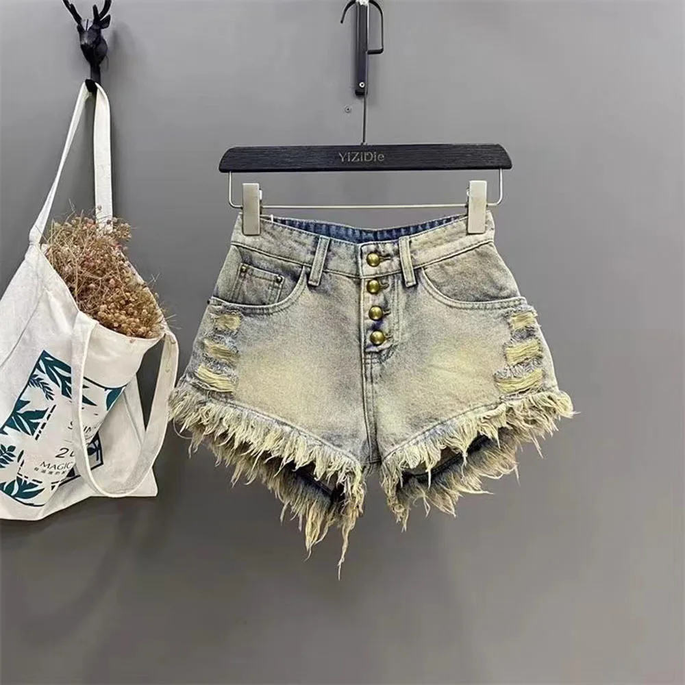 

Fashion Hole Denim Shorts Summer 2024 Personality Ripped Burrs High Waist Button Jeans Shorts Y2k High Street Female Short Pants