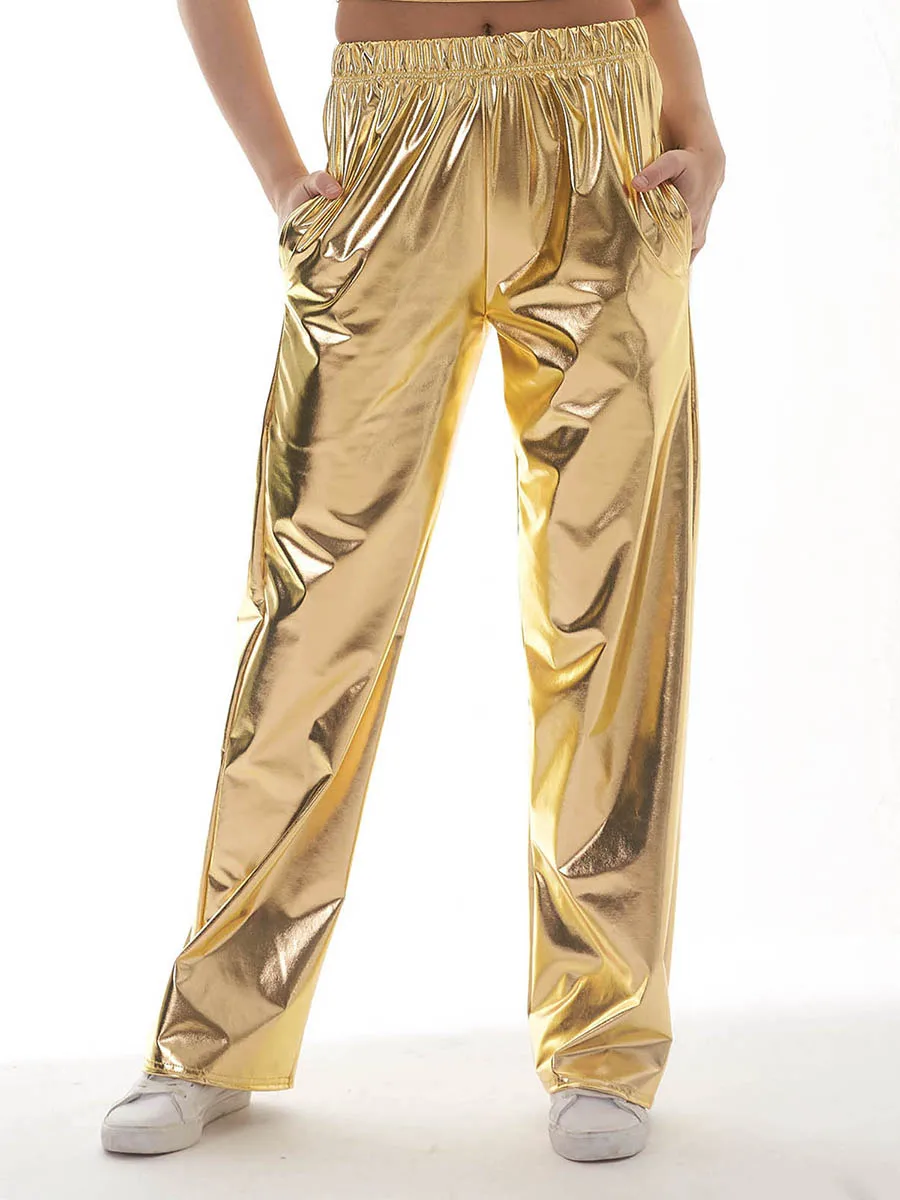 

Women Metallic Shiny Jogger Pants Casual High Waist Solid Palazzo Pants Loose Hip Hop Trousers Streetwear