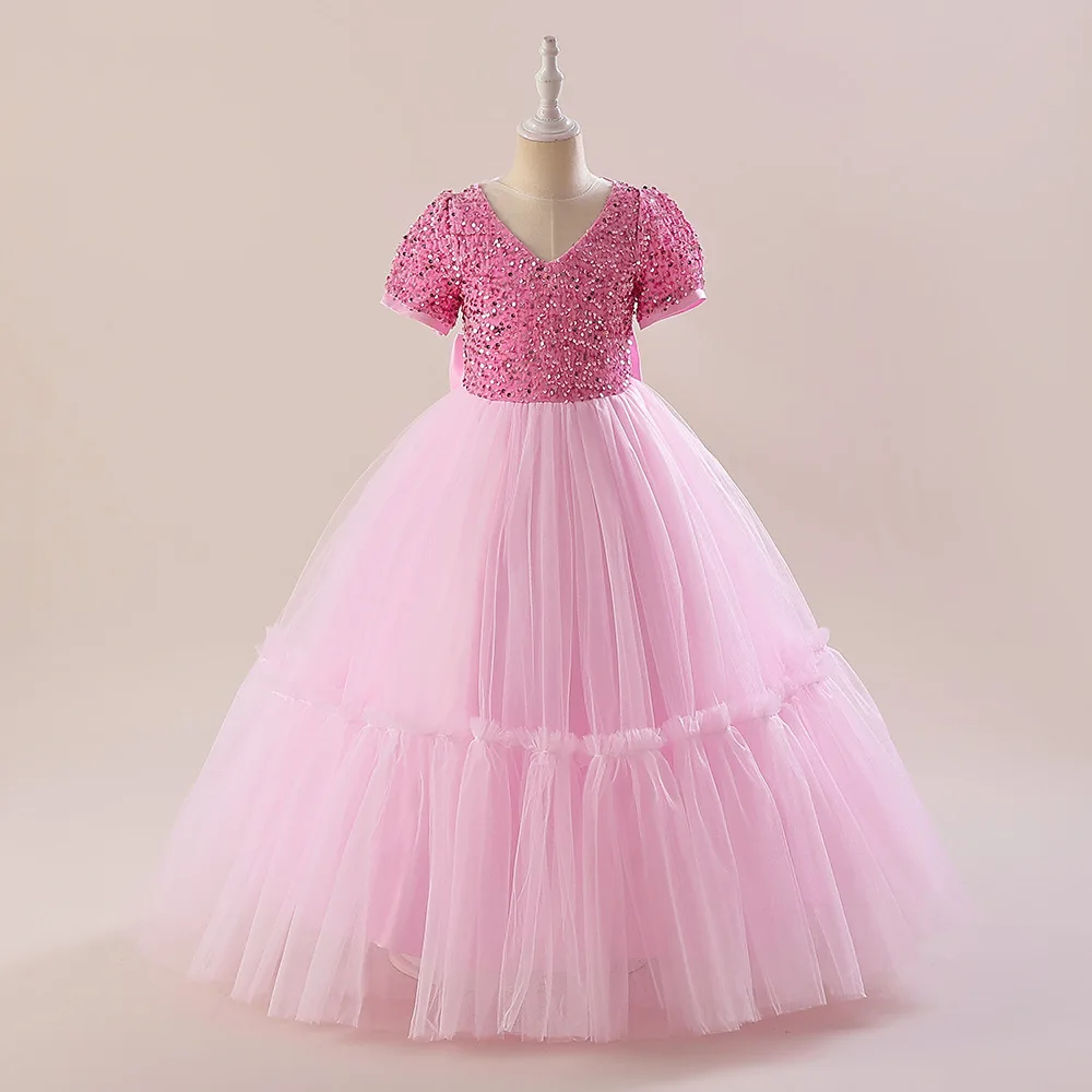 Ballgown Pink Short Sleeves V Neck Wedding Party Gowns Luxury Children Sequins Formal Evening Show Performance Dresses
Ballgown Pink Short Sleeves V Neck Wedding Party Gowns Luxury Children Sequins Formal Evening Show Performance Dresses