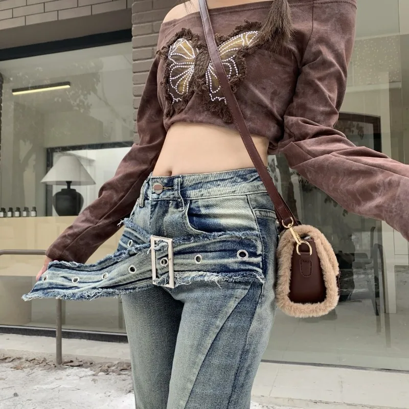

Raw Edge High Waisted Jeans Women Clothing Street Retro Washed Distressed Jeans Woman Slim Fit Stitching Women Jeans Pants