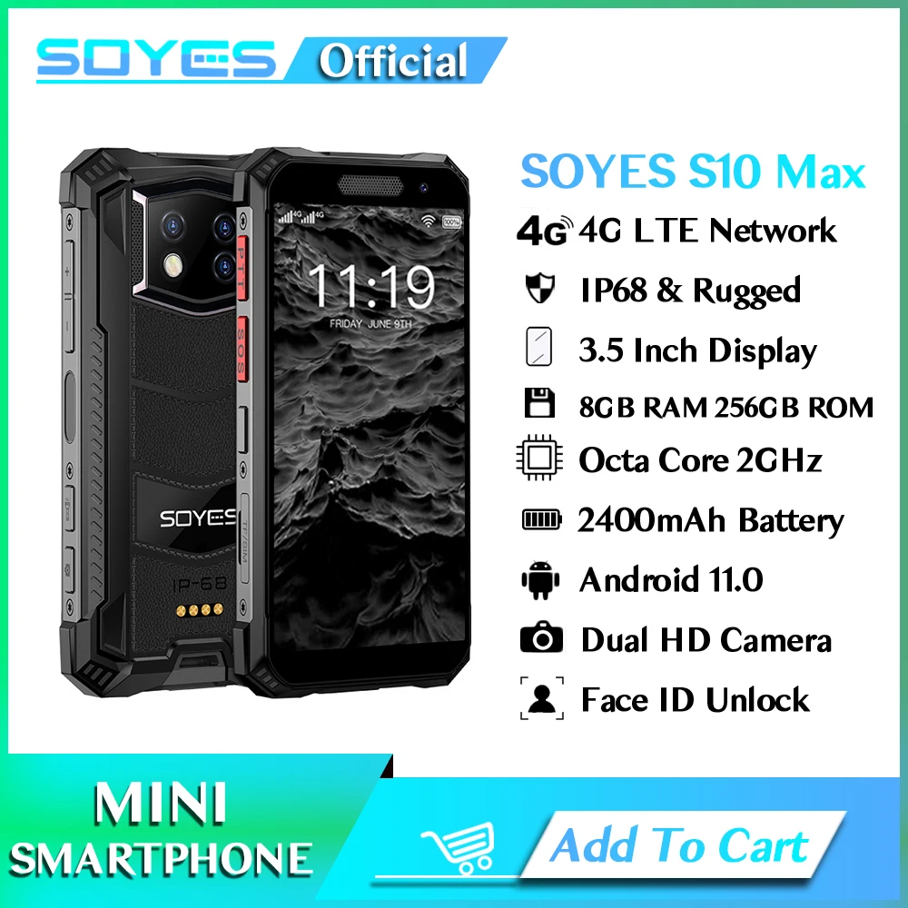 

SOYES S10 MAXo Mini Rugged Smartphone Android 11 Octa Core 8GB RAM 258GB ROM IP68 Fingerprint Face ID Unlock PTT Mobile Phone