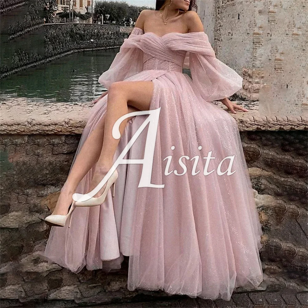 Блестящее свадебное платье-трапеция с открытыми плечами, пышными рукавами-фонариками, платье для выпускного вечера из тюля с блестками, вечерние платья 
Блестящее свадебное платье-трапеция с открытыми плечами, пышными рукавами-фонариками, платье для выпускного вечера из тюля с блестками, вечерние платья