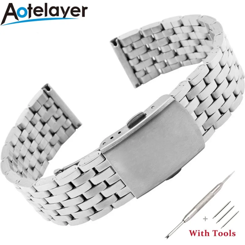 

18mm 20mm 22mm Stainless Steel Watch Strap Metal Folding Watch Buckle Universal Wristband Silver Bracelet Accessories with Tool