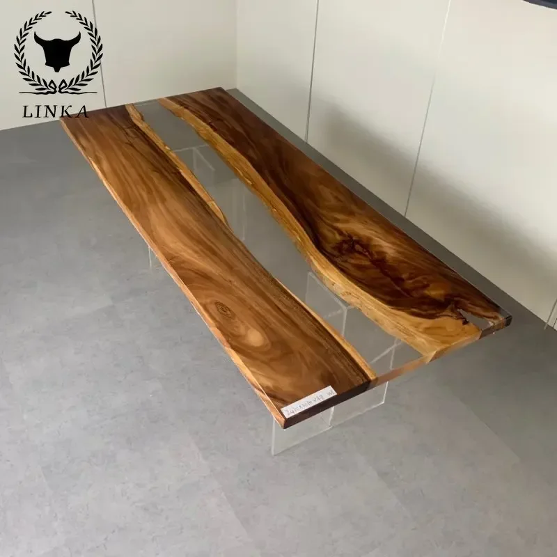 

South American walnut resin solid wood slab Unique design crystal clear epoxy dining table river live edge table