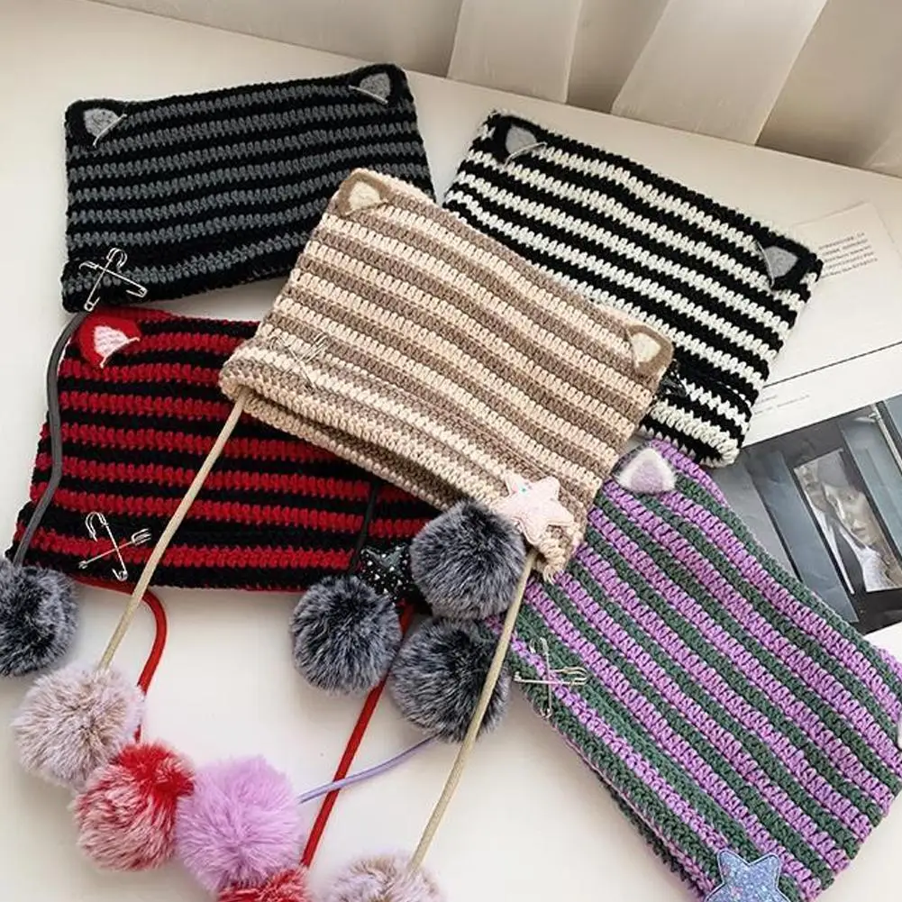 

Women Y2K Cat Ear Beanie Hat With Pom Poms Star Accessories Knitted Slouchy Goth Emo Caps Clothes Hat Grunge Skully Crochet F3U0