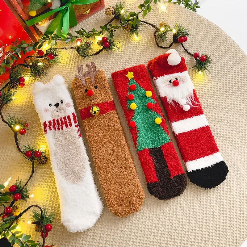 

Autumn and Winter Coral Velvet Thermal Floor Socks Lady Bell Elk Christmas Holiday Tie Cute Cartoon Sleep Socks Cute