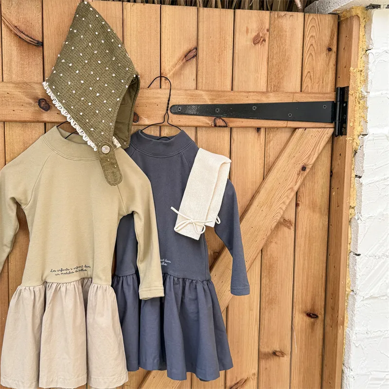 2025 Autumn Winter New Girls Long Sleeve Warm Dress Solid Children Bottoming Dress Letter Print Casual Dress Kids Cotton Clothes 20 S03c6b082881b4ab9a0d755531aaed288u