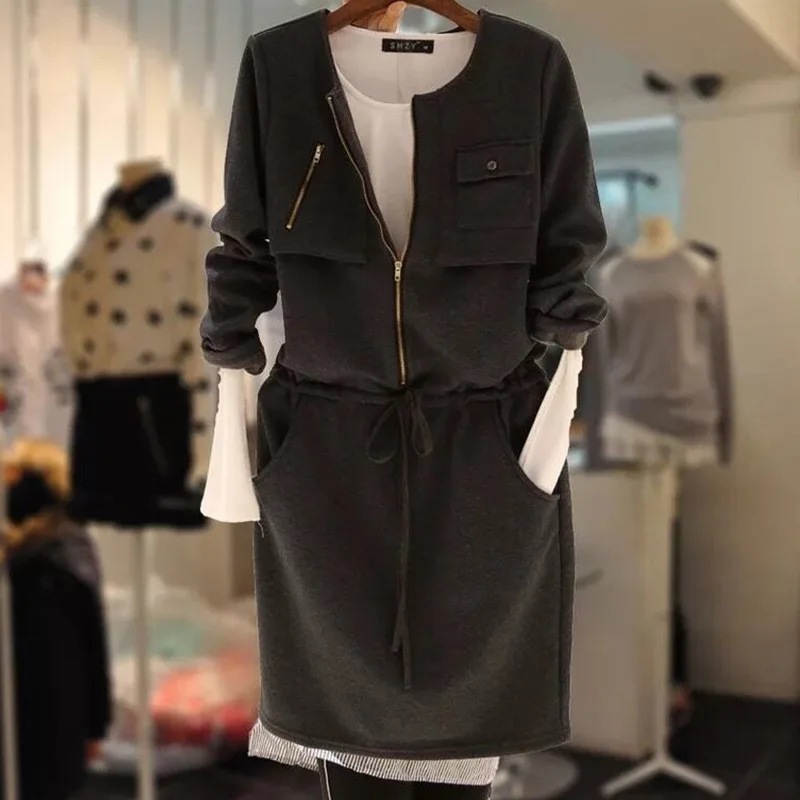Drawstring Women Dress Autumn O-Neck Pocket Solid Straight Knee-Length Pocket Elegant Female Clothing Top Quality
Drawstring Women Dress Autumn O-Neck Pocket Solid Straight Knee-Length Pocket Elegant Female Clothing Top Quality